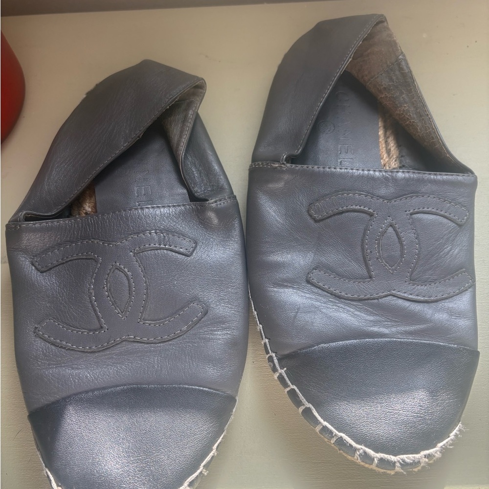 Chanel Gray Leather Espadrilles